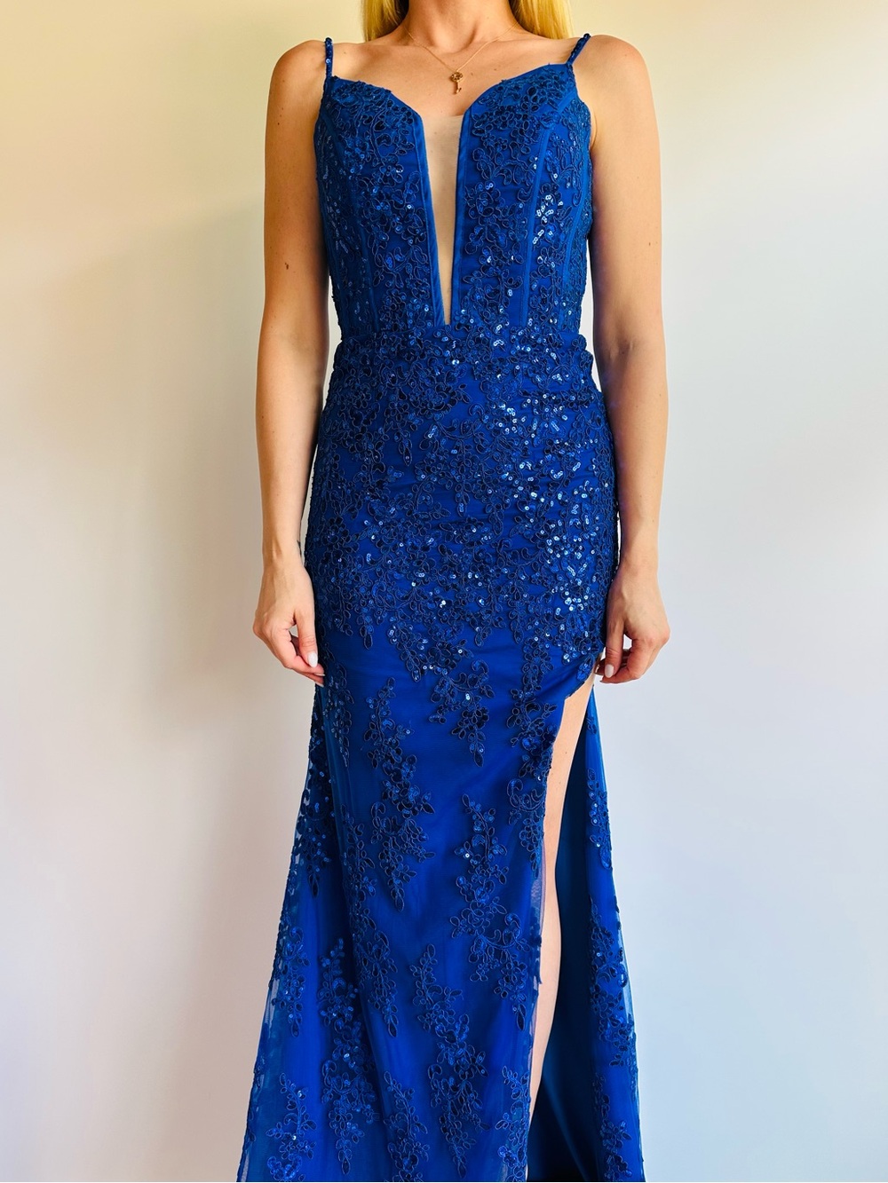 Handmade Royal Blue Sequin Lace Mermaid Gown Plunge Side Slit Corset Maxi Dress